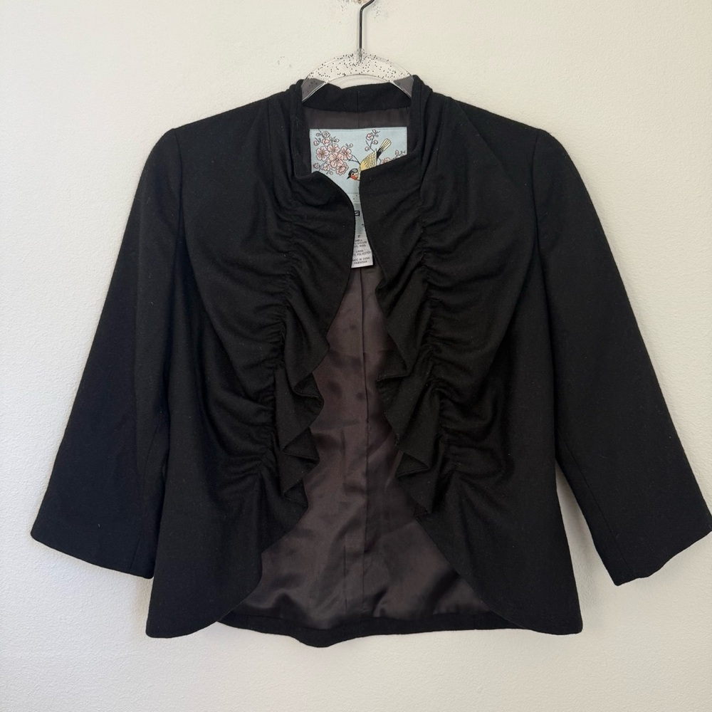 Tabitha Wool Blend Open Front Black Blazer Size S Ruffles Casual Neutral Office